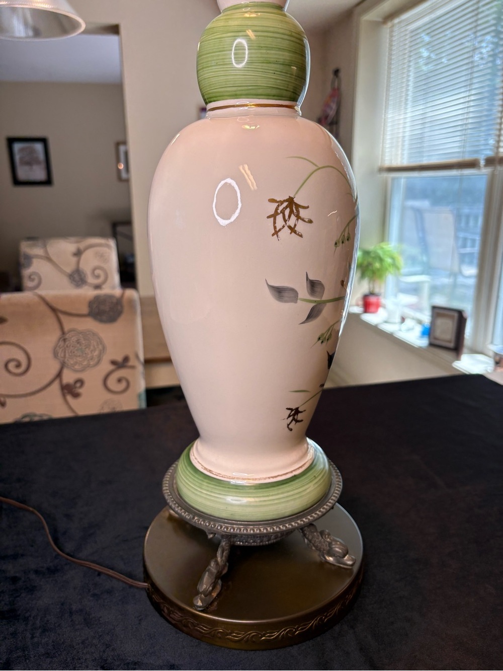 Vintage Hand-Painted Floral Ceramic Lamp Dolphin/ Fish -Head Claw Feet - Picture 6 of 11